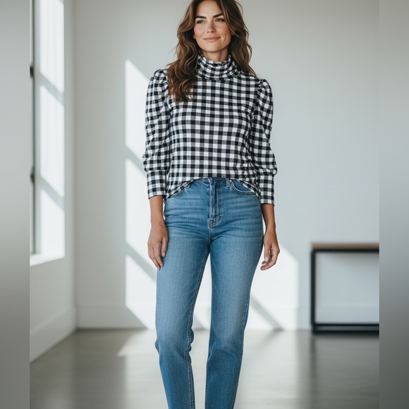 Free People Tops - Free People Black White Gingham Mock Neck Puff Sleeve Top Size S